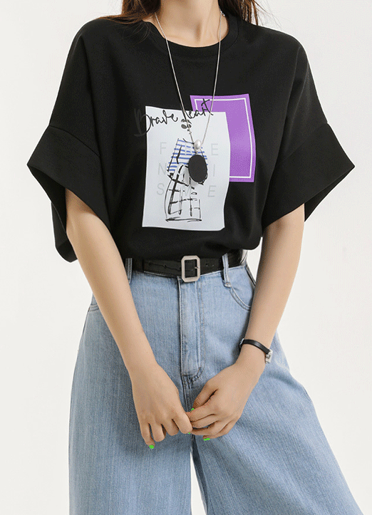 [루이스엔젤] 네추럴루즈 컬러 큐브 페미닌 드로잉 가오리 롱 티셔츠