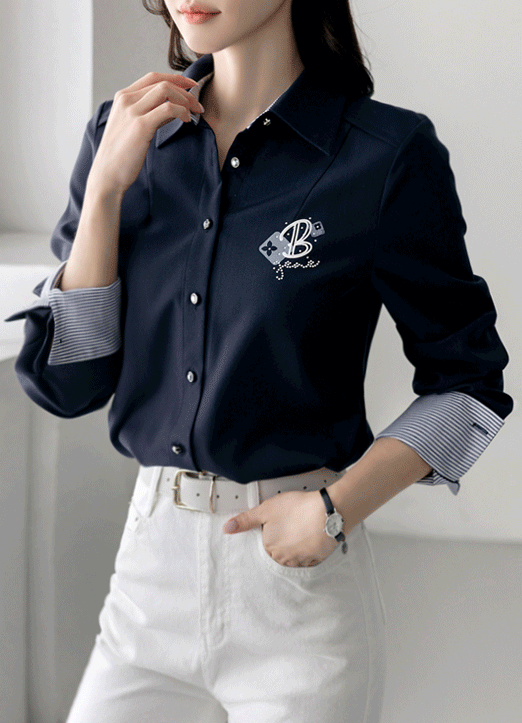 [루이스엔젤] 드래그비 경쾌한 핏 스트라이프 배색 셔츠 블라우스
